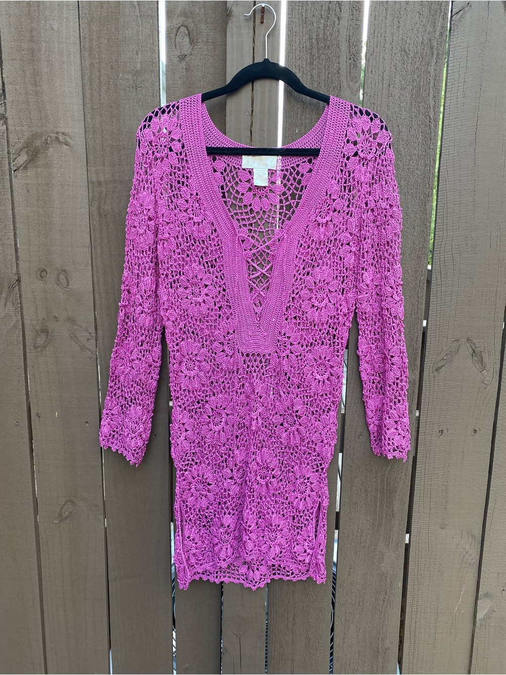 Vintage 90s Y2K Kroshetta by Papillan Fuchsia Floral Crochet tunic cover up